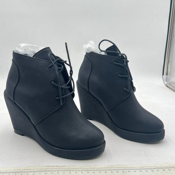 Black Round Toe Ankle Boots Wedge Heeled Booties Lace up Chic Office Formal Shoe - Picture 3 of 7